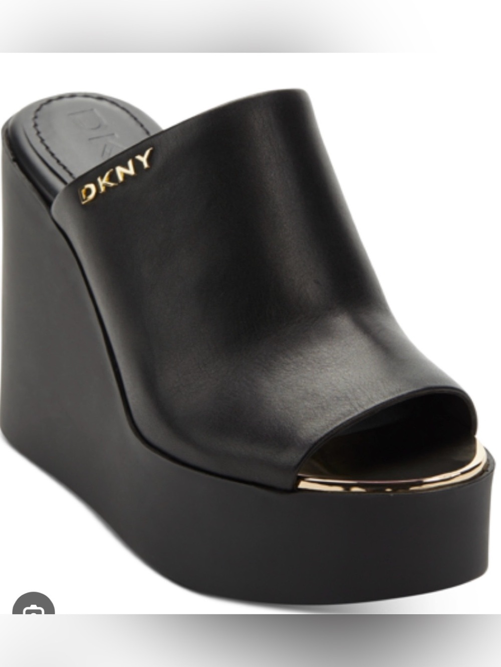 DKNY Black Leather Gold-Trim Wedge Platform